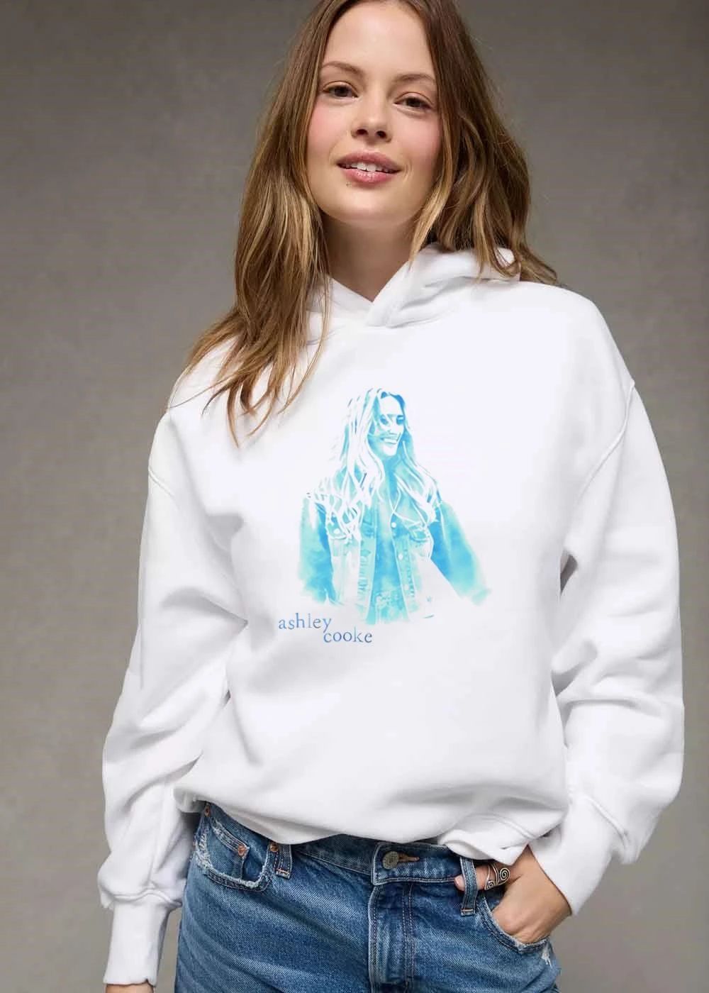 Ashley Cooke Smiling Woman Denim Jacket Cyan Watercolor Portrait shirt