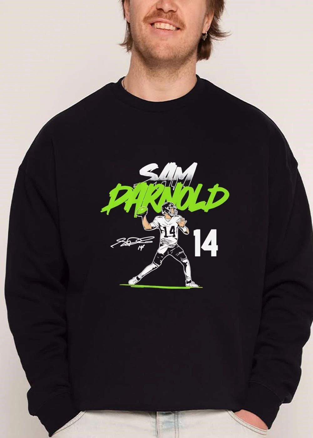 Sam Darnold 14 Quarterback Throwing Green Football Signature Line Art shirt