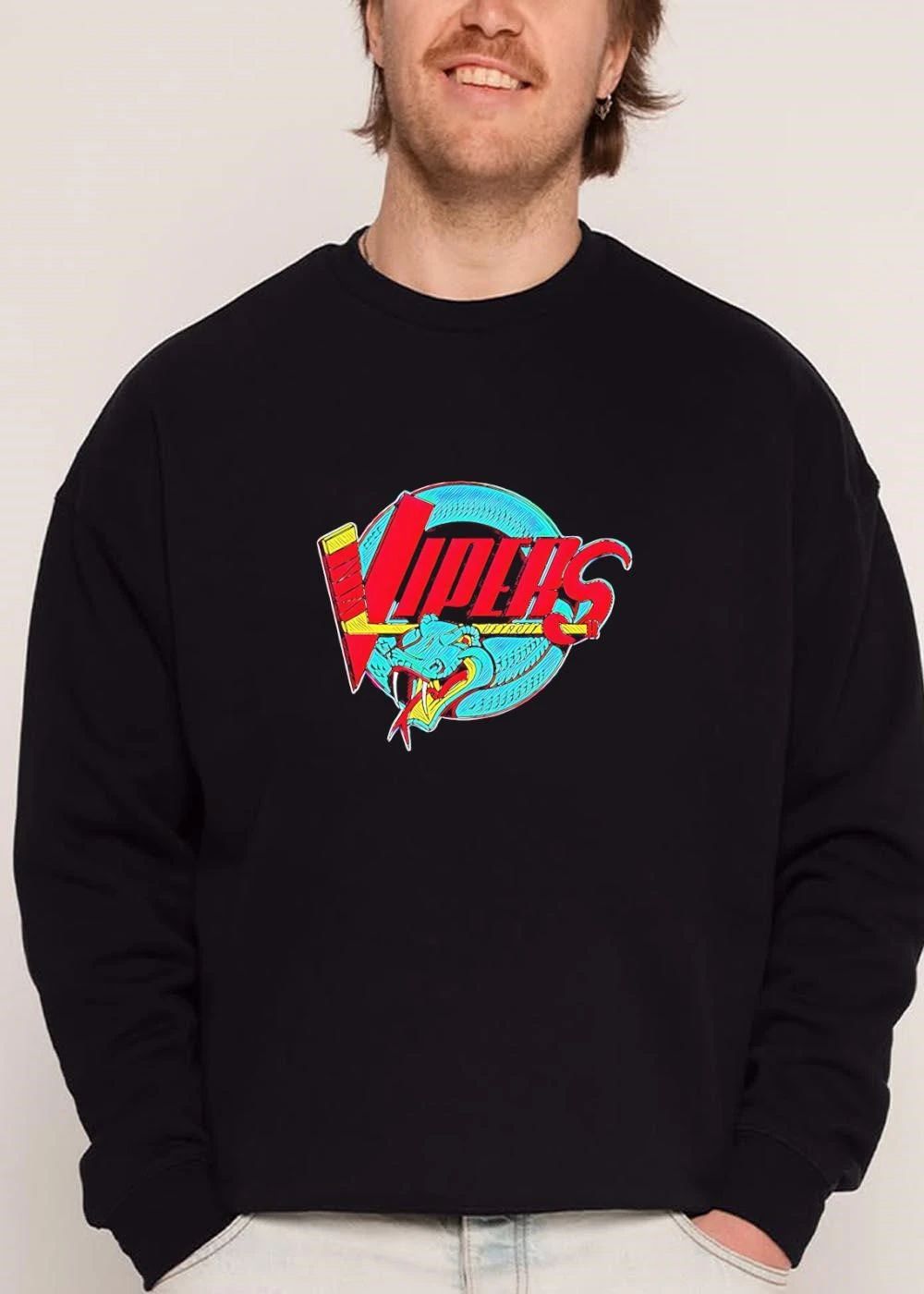 Detroit Vipers Cartoon Blue Snake Biting Hockey Stick Logo shirt