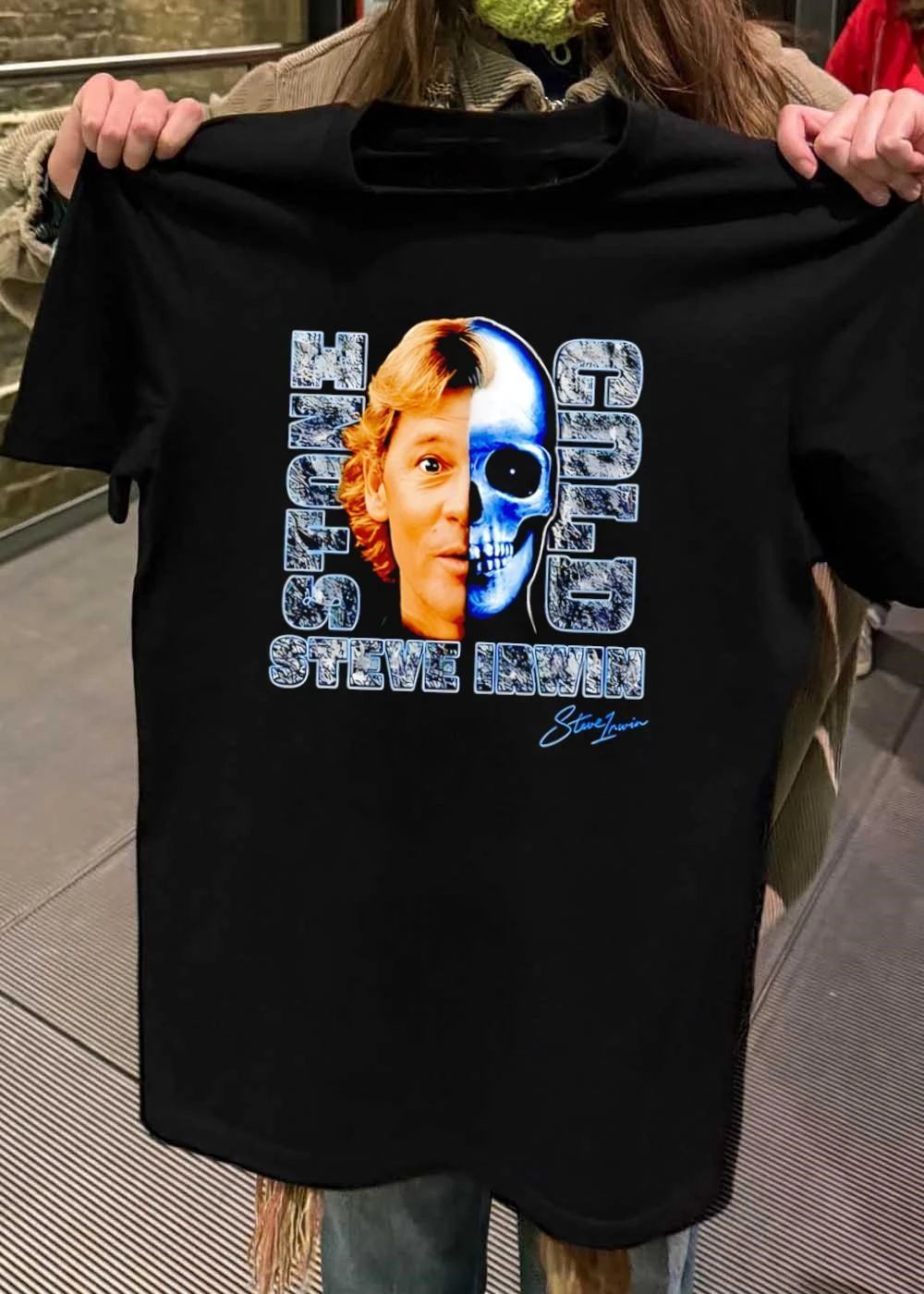 Steve Irwin Split Face Skull Graphic Words Heavy Metal Style Unisex T-Shirt