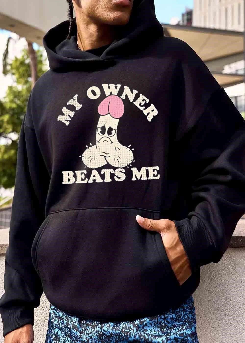 My Owner Beats Me Sad Cartoon Penis Character Halftone Distressed shirt