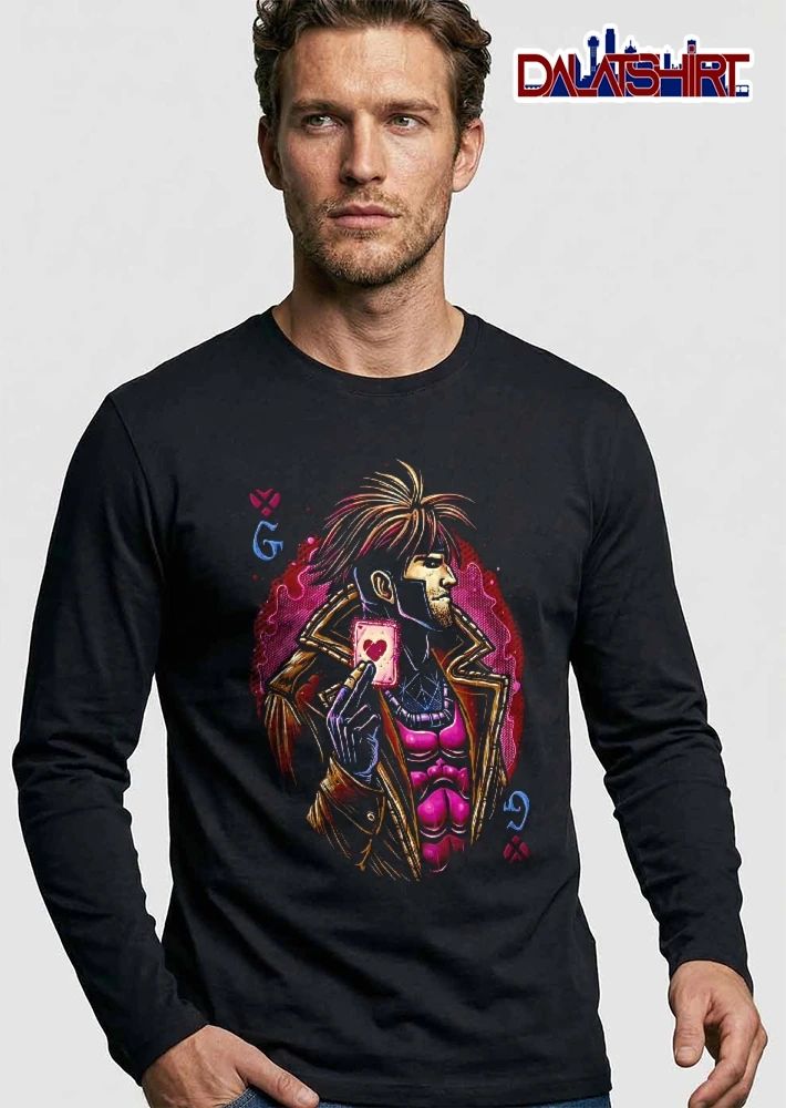 Gambit X Men Holding Glowing Heart Playing Card Playing Card Style Portrait Pink Glow Neon shirt