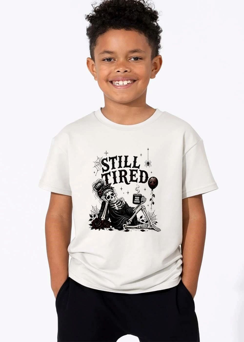 Still Tired Need More Coffee Skeleton Messy Bun Mug Roses Spider Webs shirt