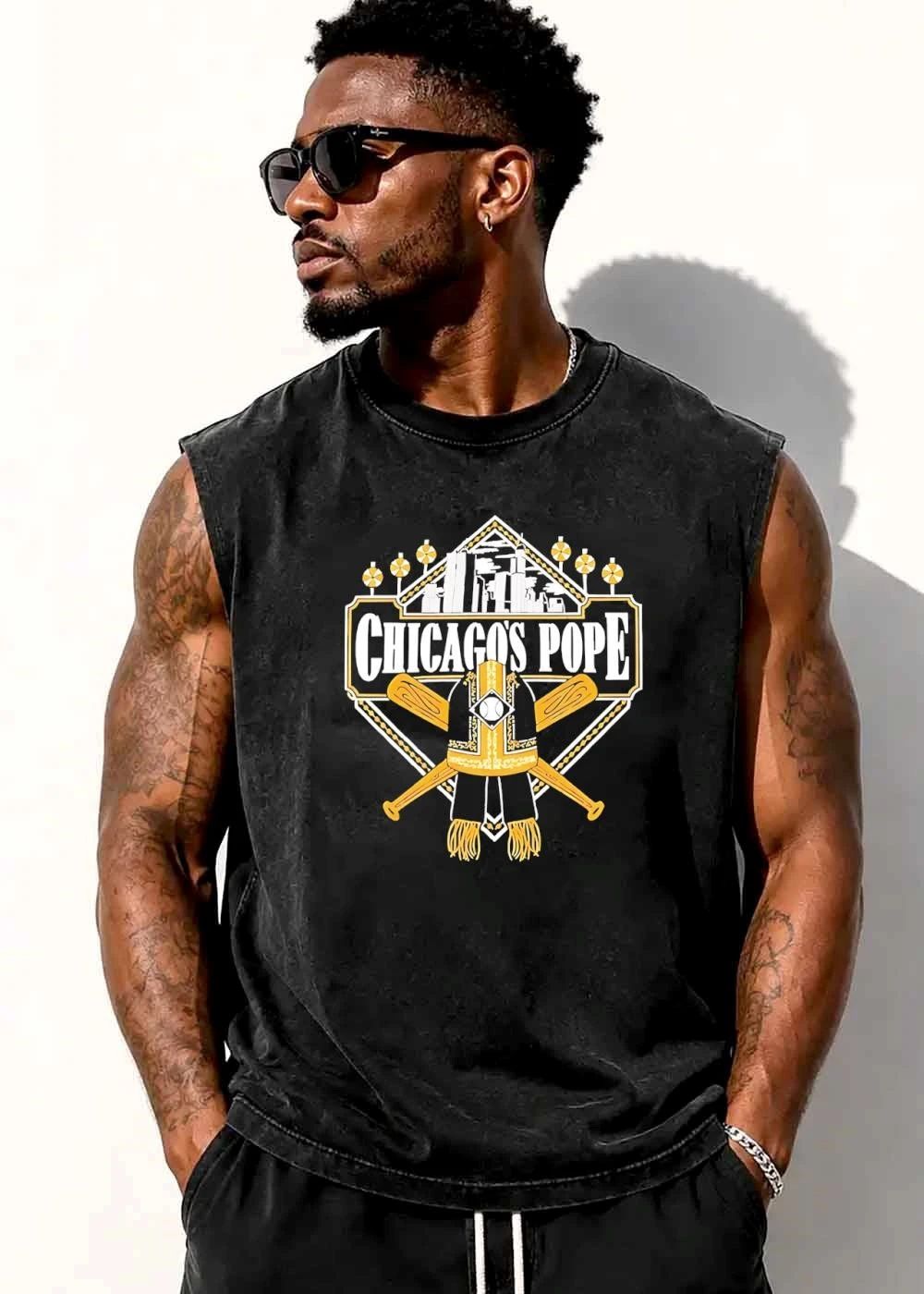 Chicagos Pope Papal Mitre Stole Crossed Golden Baseball Bats Skyline Diamond shirt