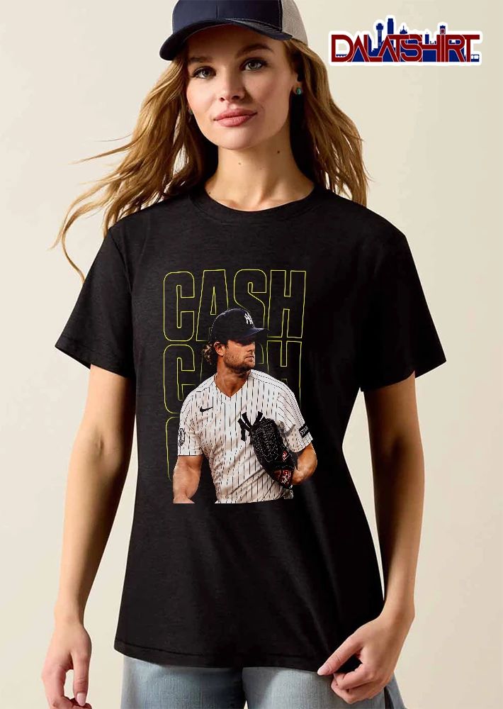 New York Yankees MLB Cash Pitcher Holding Glove Neon Outline Typography shirt