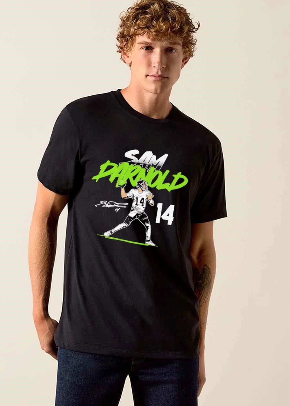 Sam Darnold 14 Quarterback Throwing Green Football Signature Line Art shirt