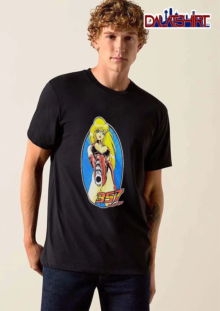 Hook Ups 357 Cartoon Girl Blonde Hair Pointing Gun Blue Oval Frame shirt