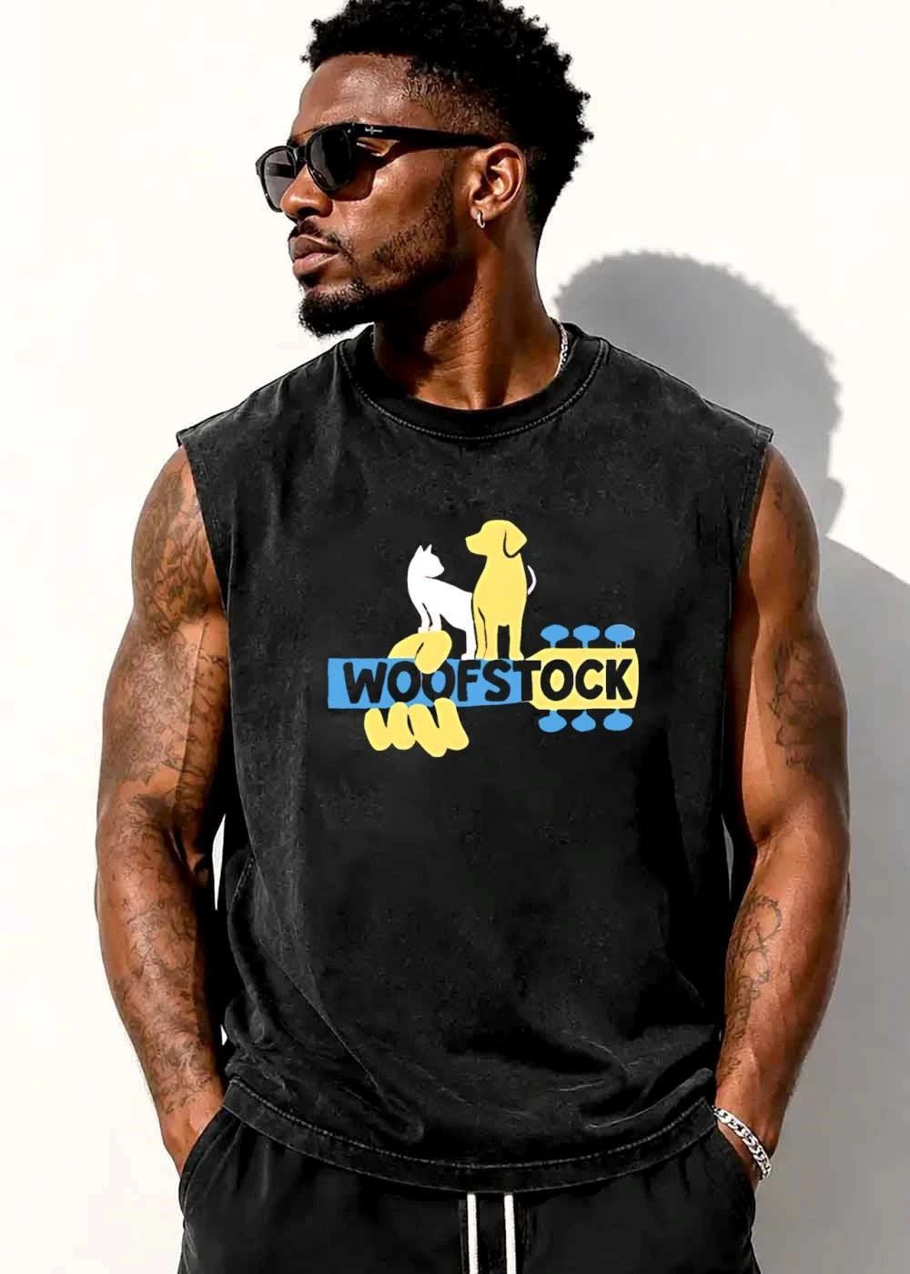 Woofstock White Cat Yellow Dog Standing On Guitar Neck Cartoon shirt