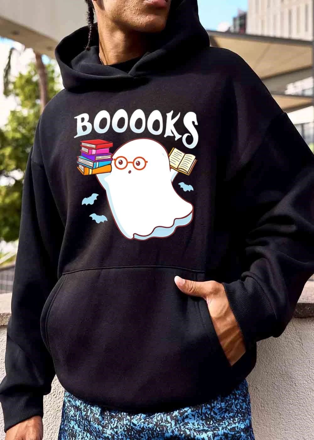 Booooks Cartoon Ghost Spectacles Holding Stacked Novels shirt