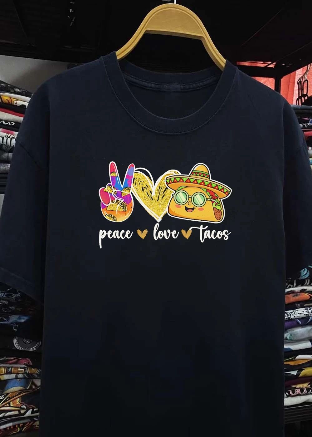 Peace Love Tacos Symbol Heart Sombrero Emoji Food Graphic T-Shirt
