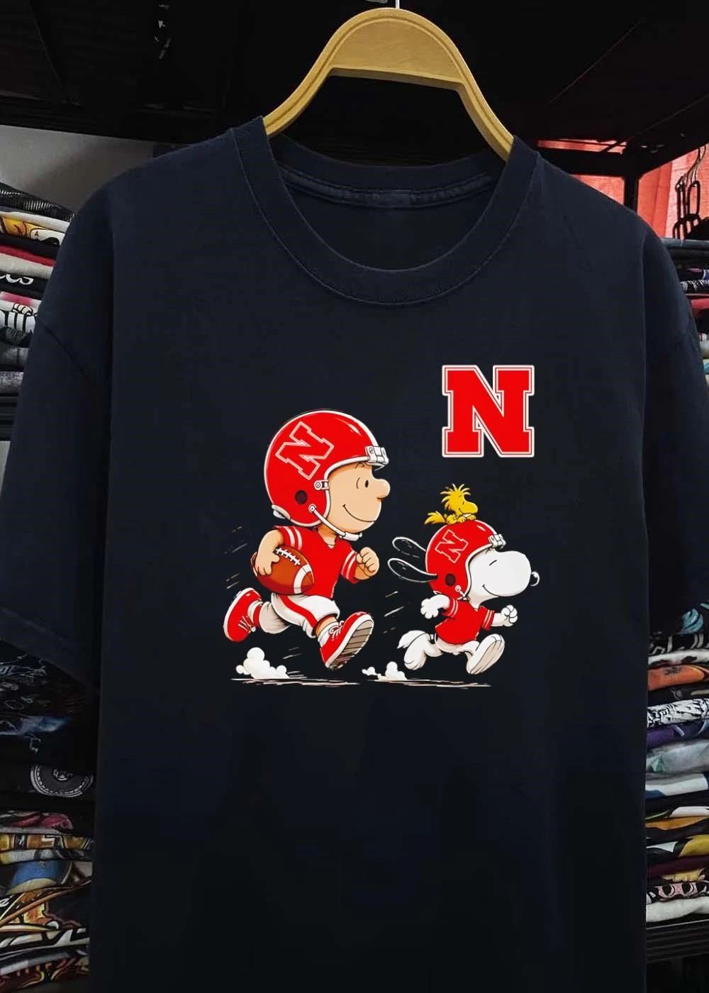 Peanuts Gang Nebraska Cornhuskers Football Players Running with N Logo Shirt
