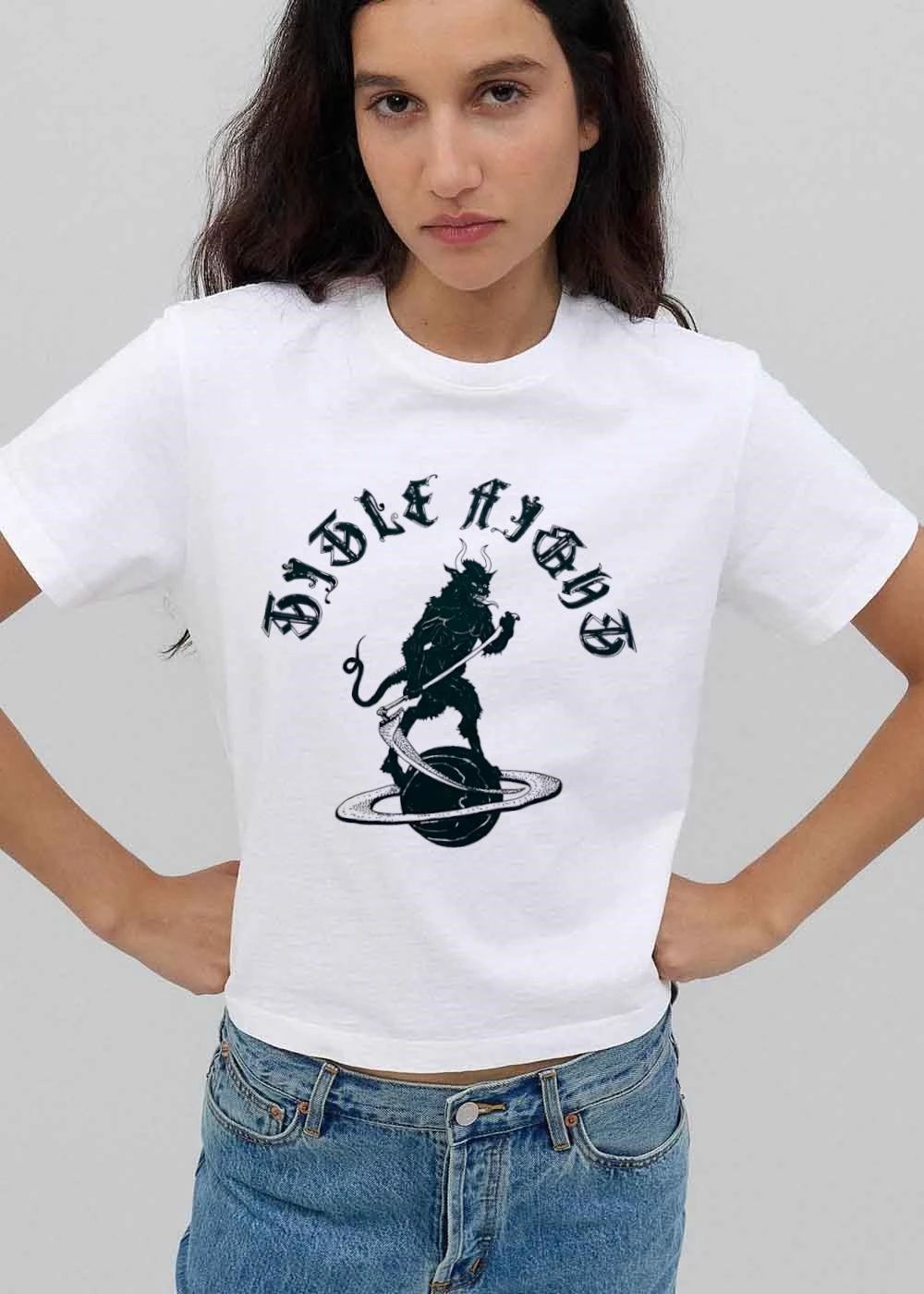 Bible Gothic Horned Demon Standing On Planet Holding Scythe Line Art shirt