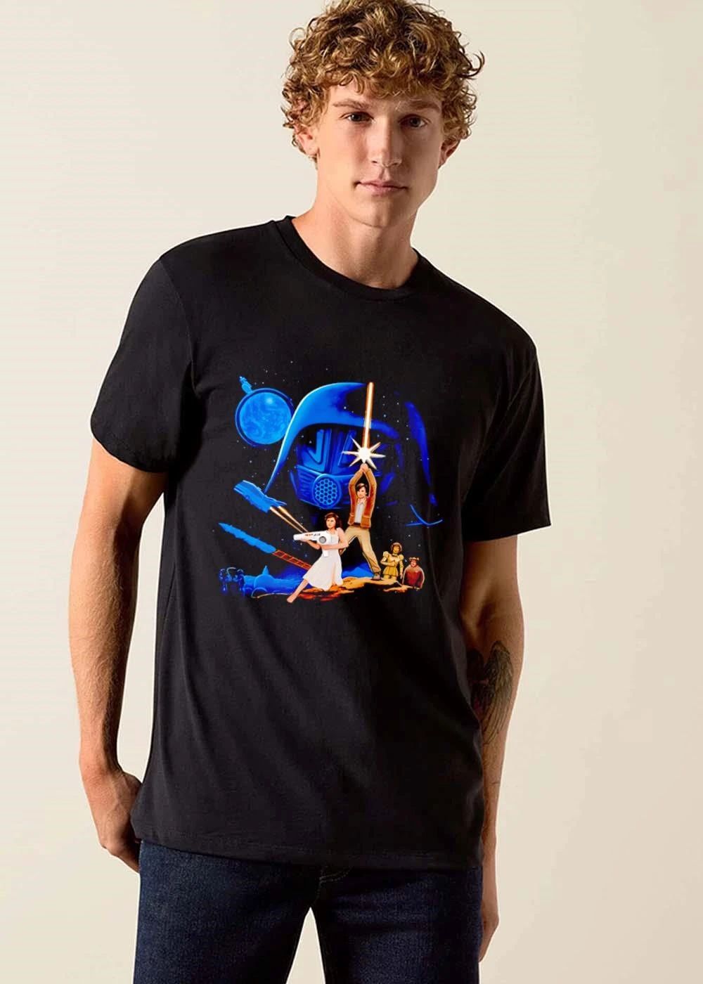 Retro Bootleg Sci Fi Movie Poster Heroes Holding Lightsaber Giant Helmet shirt